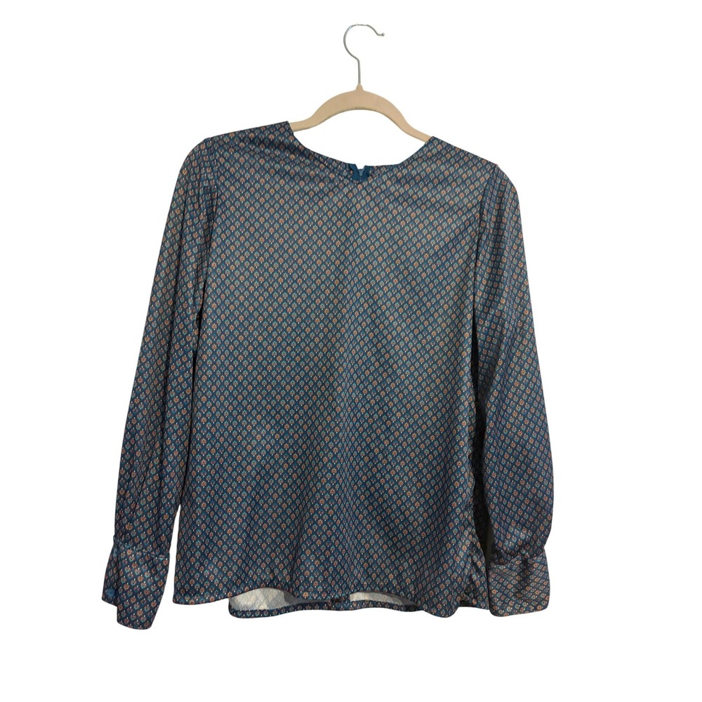 Vintage Blouse Retro Geometric Teal Blue Long Sleeve Back Zip Top M
